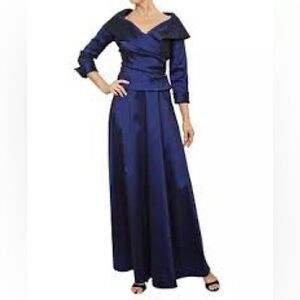 David's Bridal Portrait Collar Deep Blue with a Shimmer of Black in the fabric